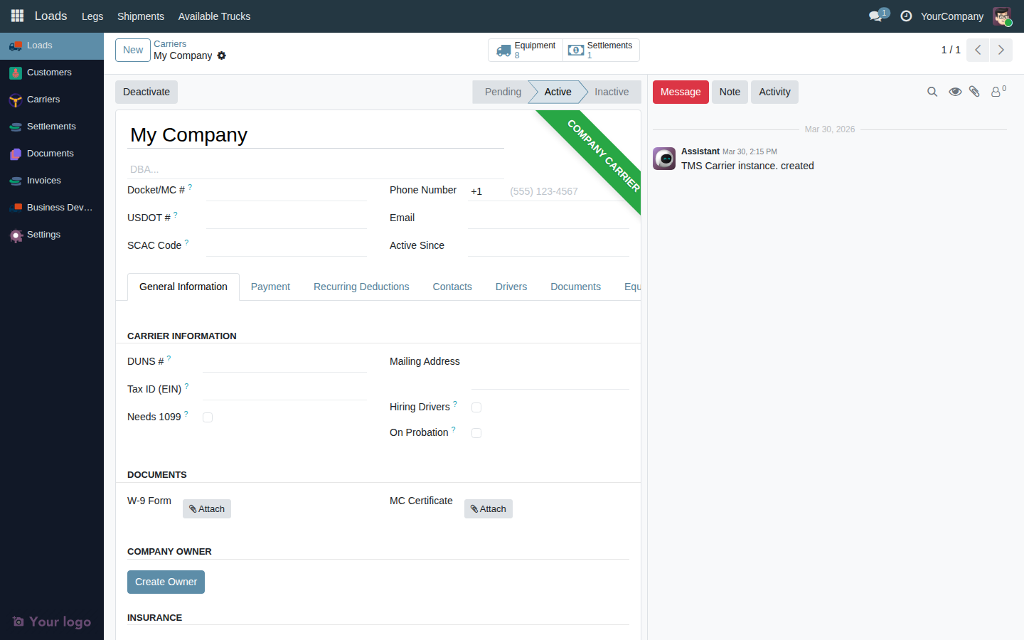 Carrier form showing the "Company Carrier" ribbon in the top-right corner