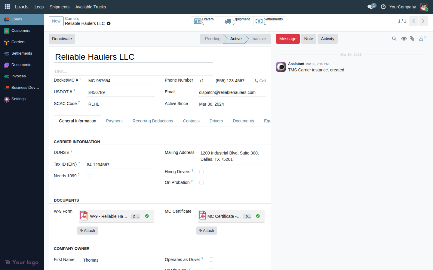 New carrier form with the name, DBA, MC#, DOT#, SCAC, phone, and email fields highlighted