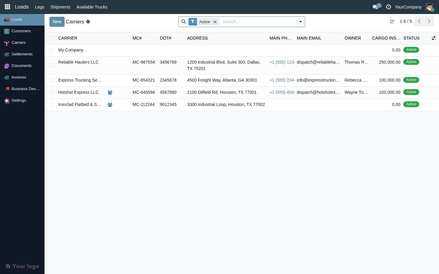 Carrier list view showing the Active filter applied, with columns for name, MC#, DOT#, address, phone, owner