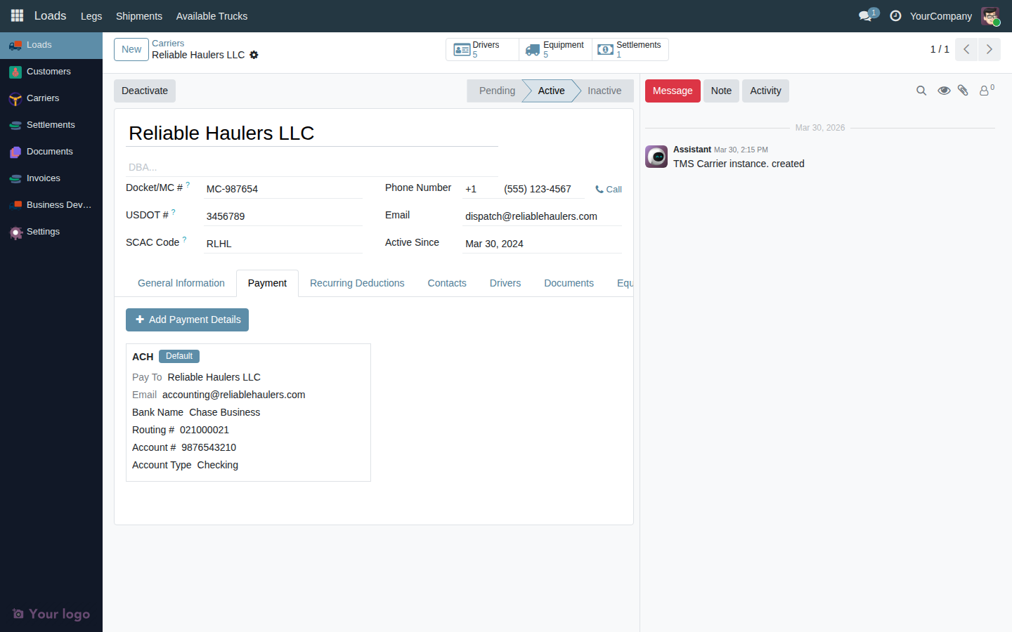 Payment tab showing two payment detail cards, one marked as Default