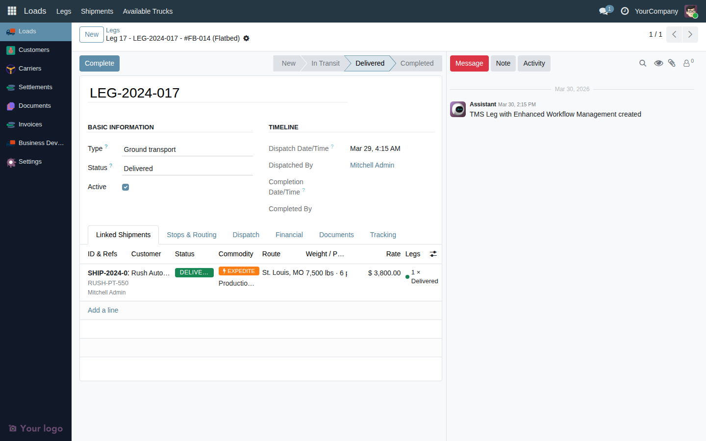 Leg form view in Delivered status with the Complete button highlighted in the header bar