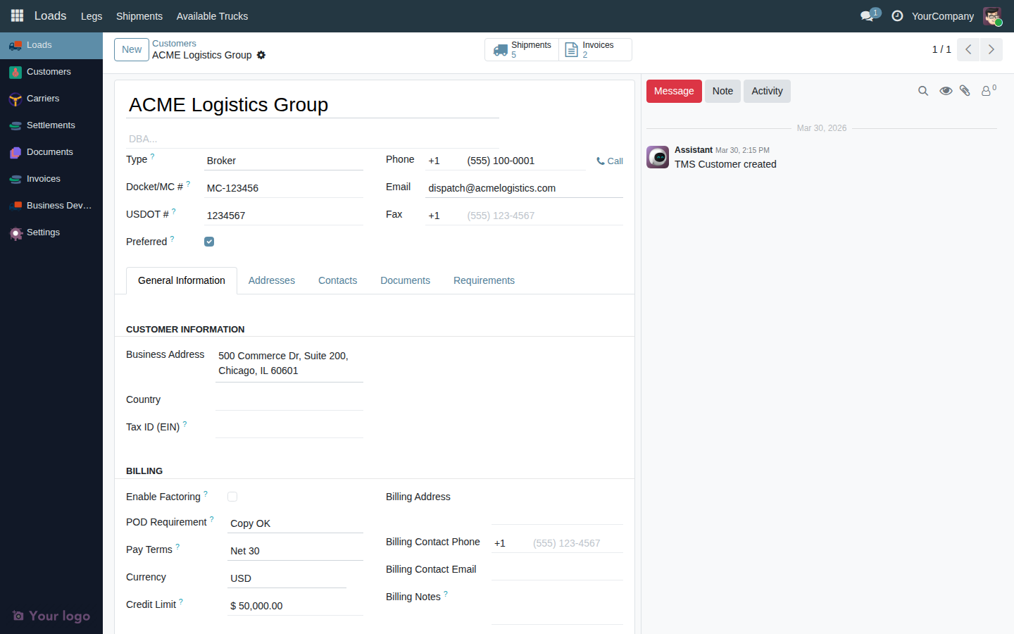Billing section of the General Information tab showing factoring toggle, POD requirement dropdown, pay terms