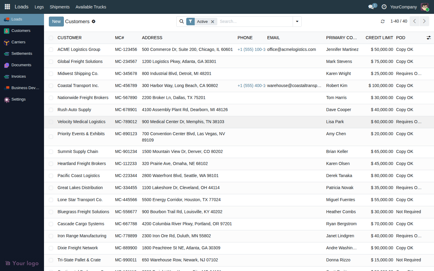 Customer list view showing several customer rows with columns for name, MC#, address, phone, email, primary contact