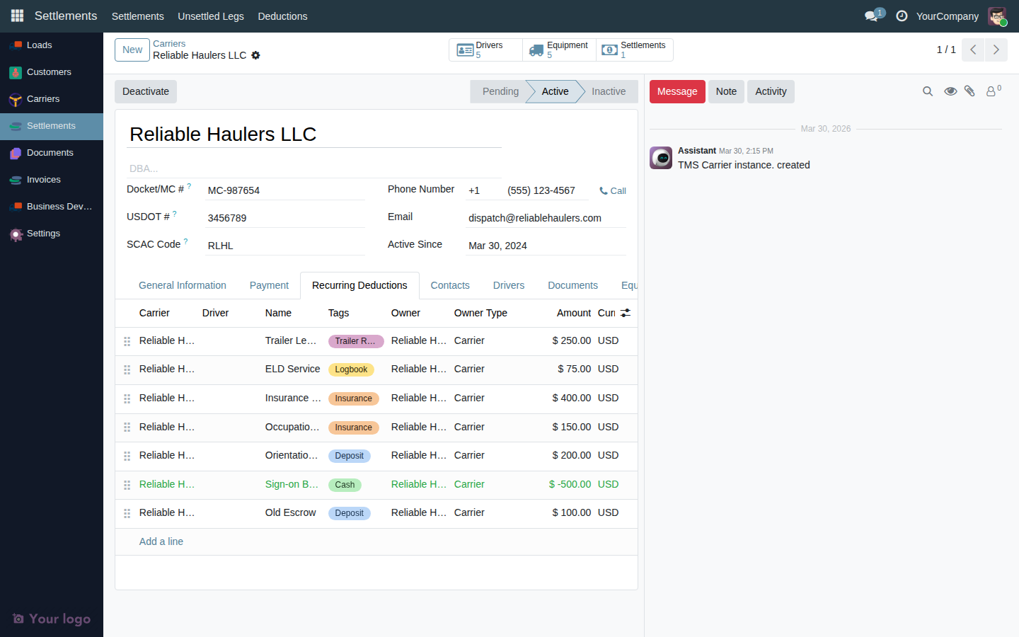 Recurring Deductions tab on a carrier form showing an inline editable list with columns for Carrier, Truck, Driver