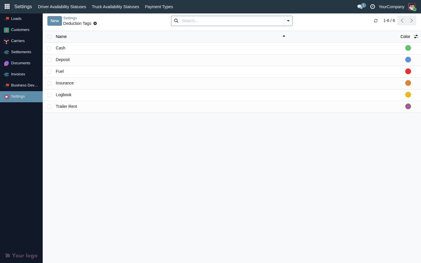 Deduction Tags list view showing tag names and color pickers in an editable table
