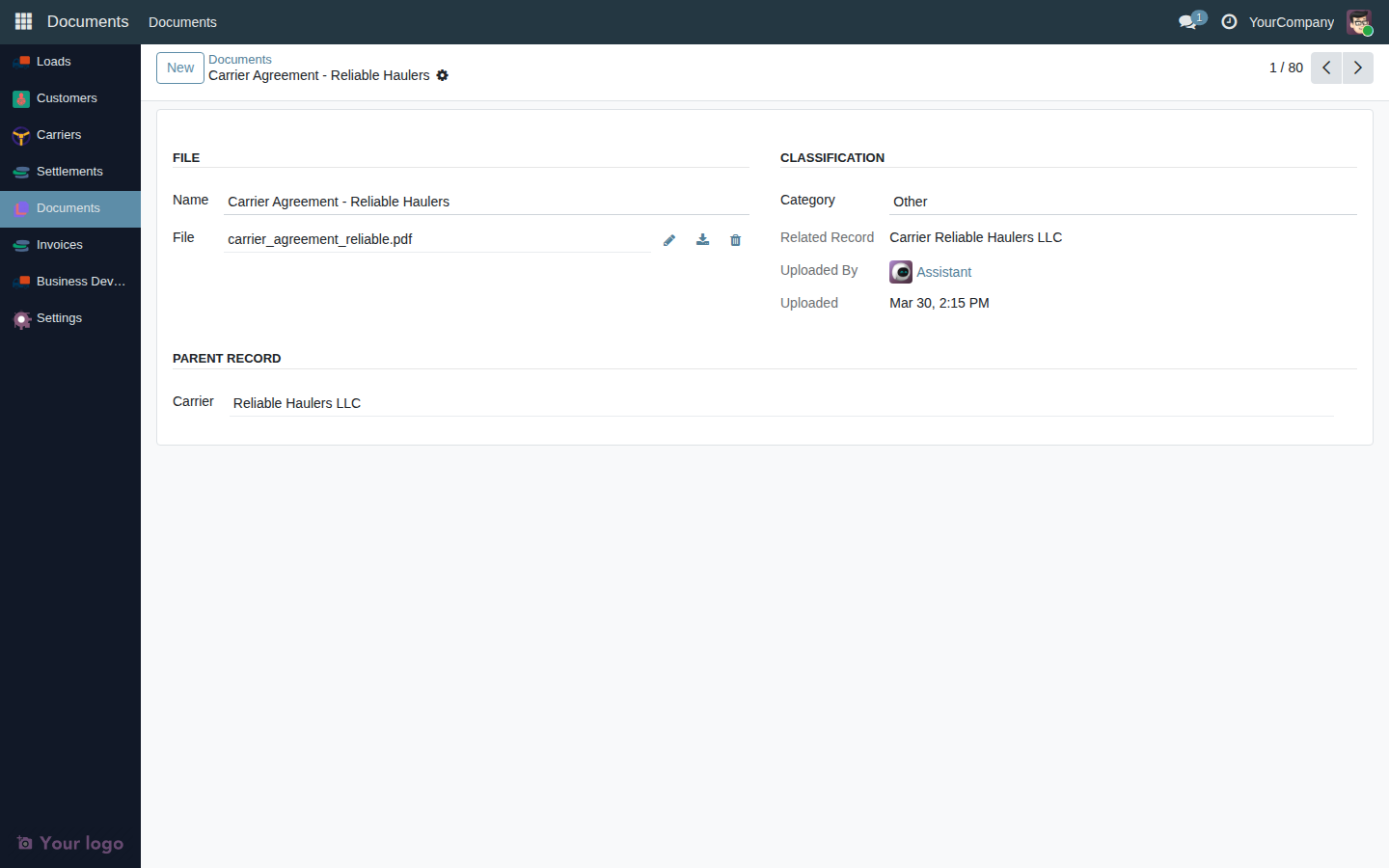 Document form view showing the File section (name, file), Classification section (category, related record, uploaded by