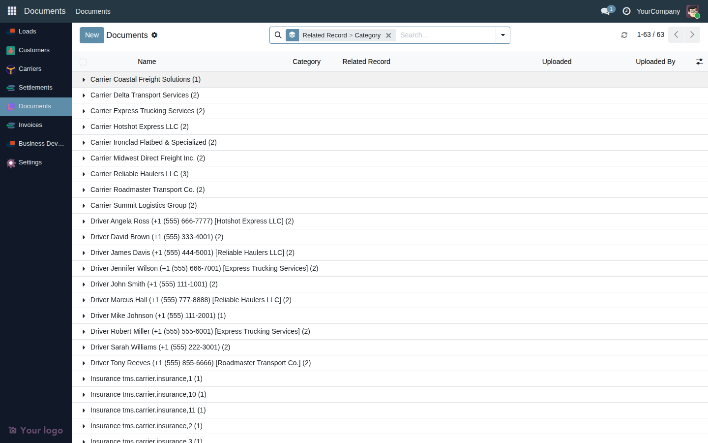 Documents list with the Category group-by applied, showing documents grouped under headings like "BOL (3)", "POD (5)"