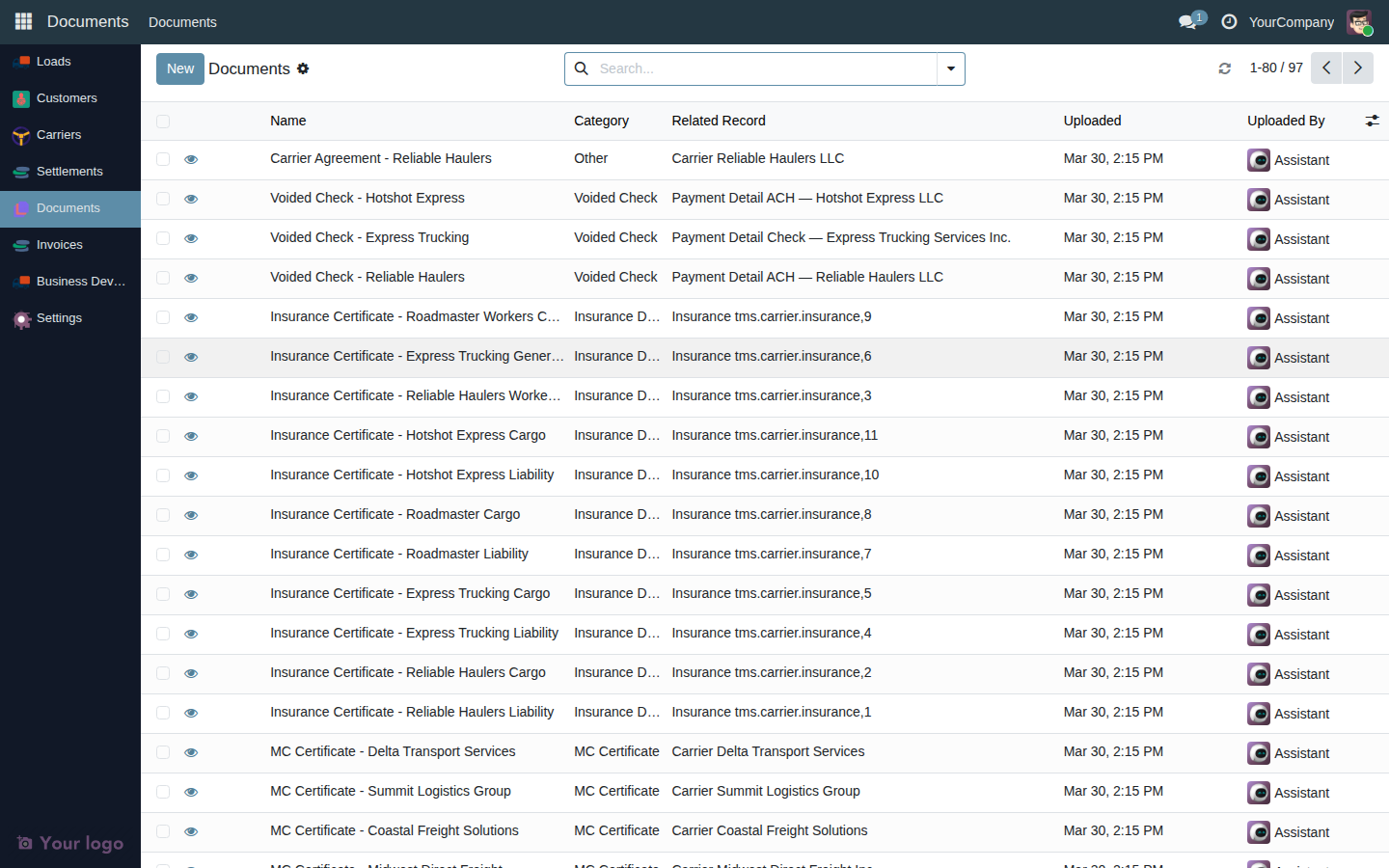 Documents list with several rows showing a mix of BOLs, PODs, and carrier documents