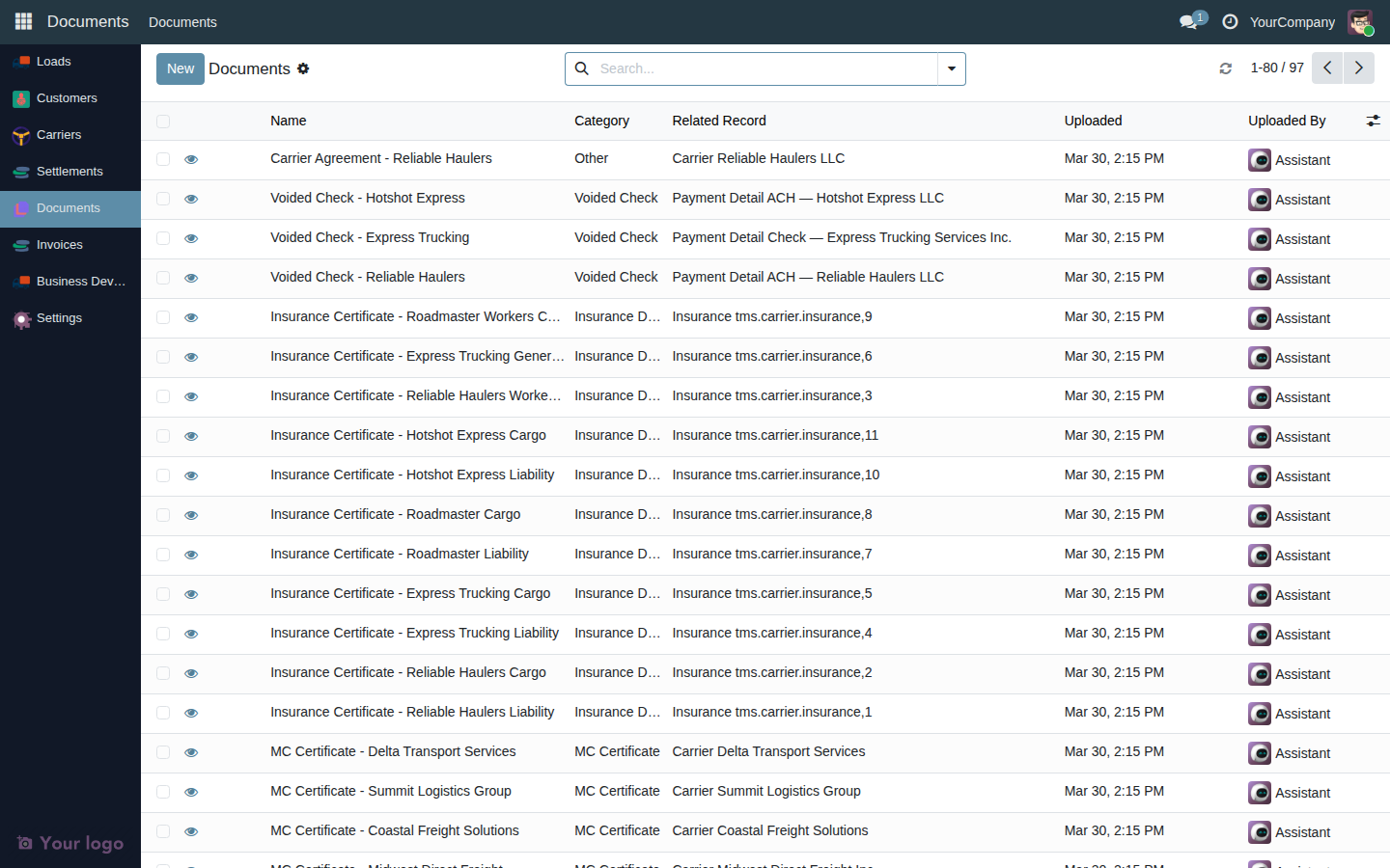 Document upload list showing two uploaded files with columns for preview icon, name, category, and file field