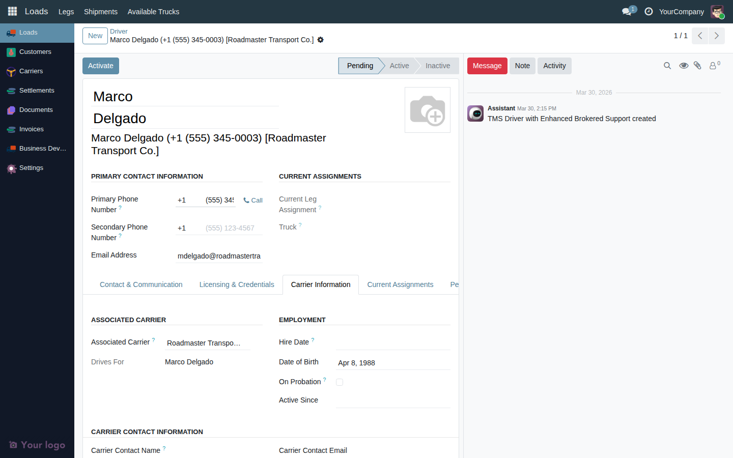 Carrier Information tab showing the carrier dropdown, hire date, and carrier contact fields