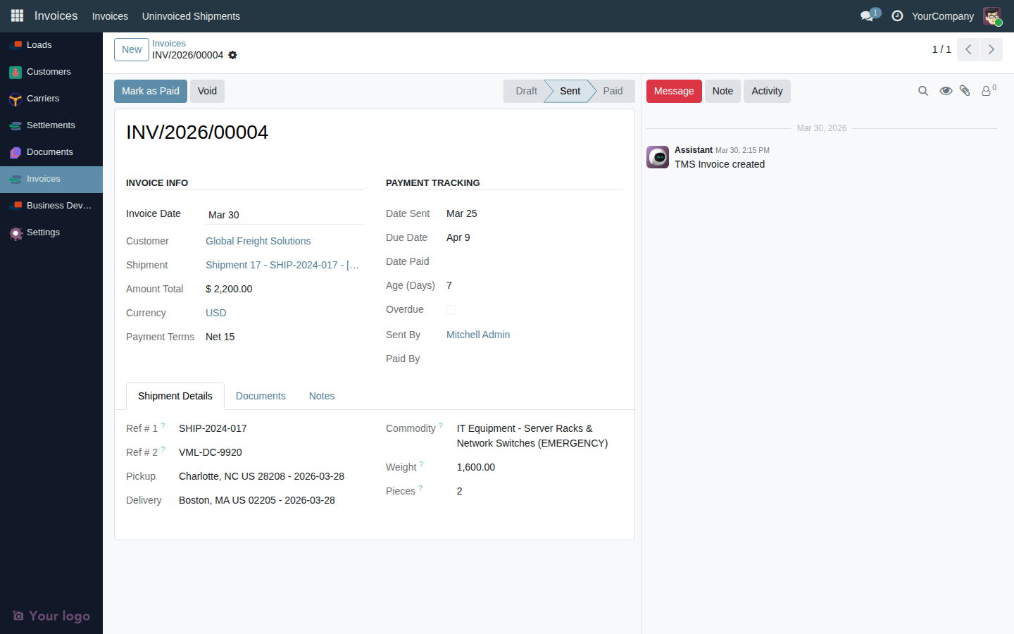 Invoice form in Sent status showing the statusbar highlighting Sent, with Date Sent and Due Date filled in