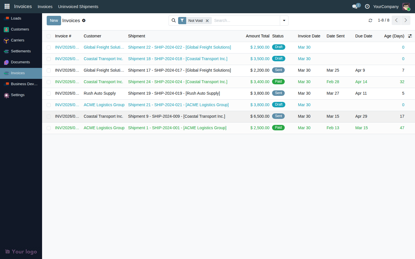 Invoice list view showing several rows with columns for invoice number, customer, shipment, amount, status badge