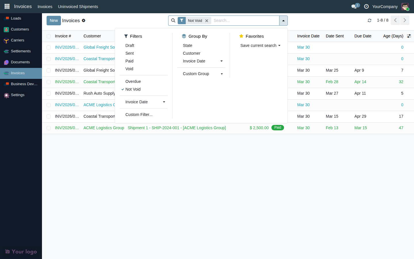 Invoice list with the search bar expanded showing the status filter buttons and group-by options