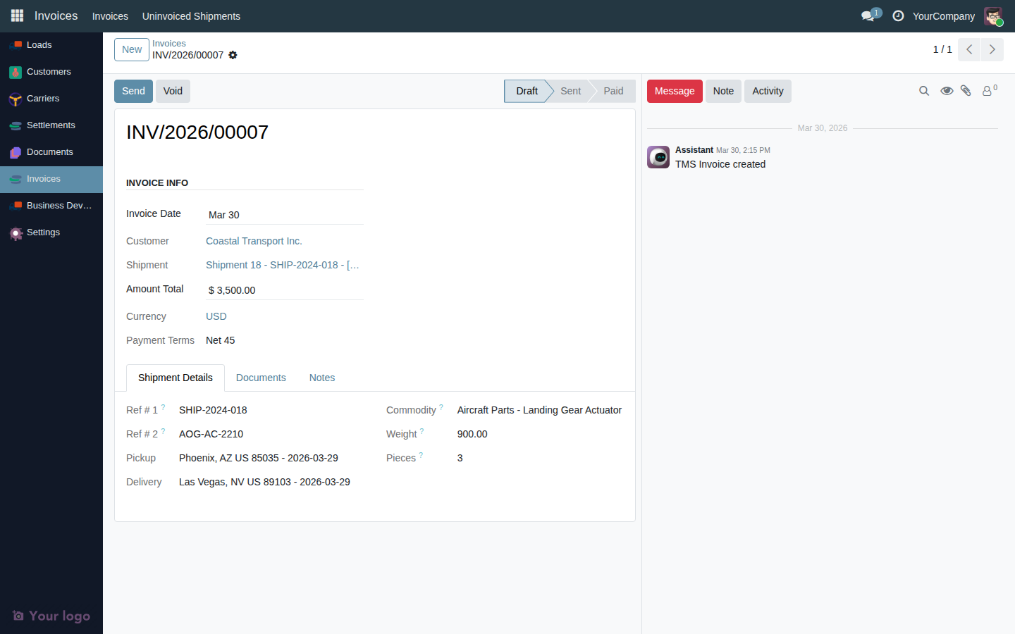 Void Invoice wizard popup showing the invoice number (read-only) and a text field for the reason