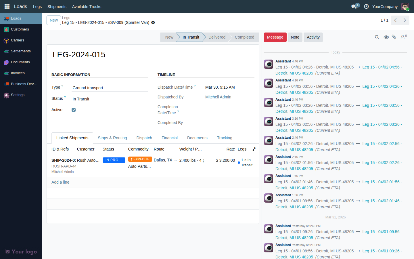 Linked Shipments tab showing one or two shipments with their reference numbers