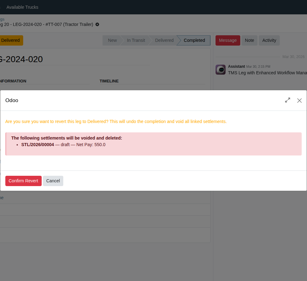 Revert to Delivered wizard showing the warning message and settlement impact list