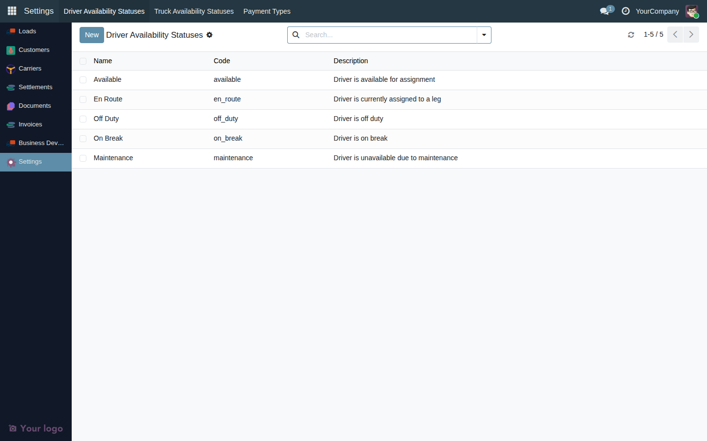 Driver Availability Statuses list showing example statuses like Available, On a Load, Off Duty