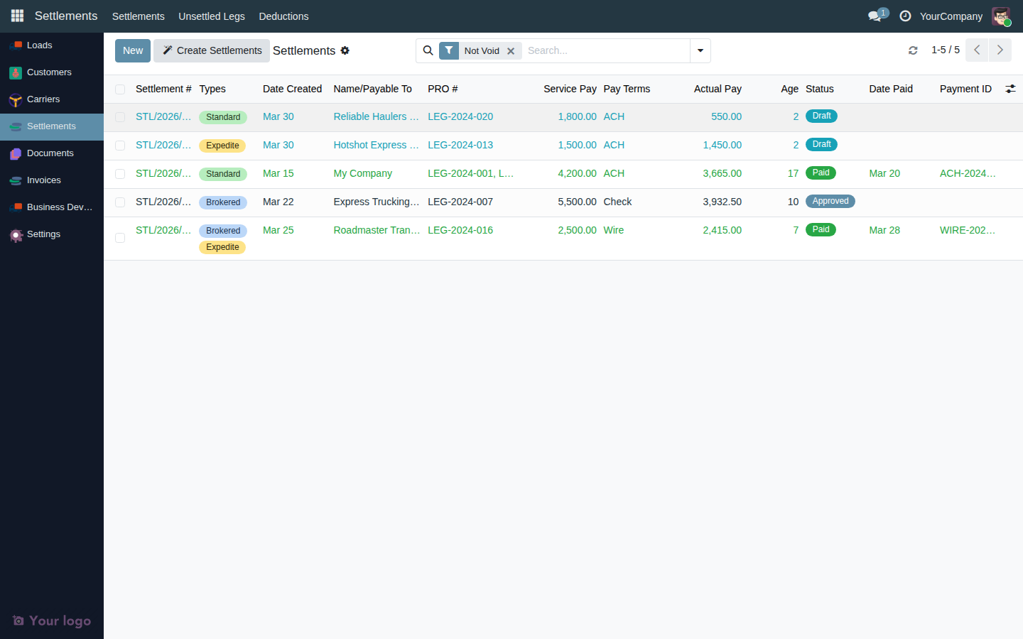 Create Settlements wizard showing the Carrier dropdown, date range fields, Search Legs button