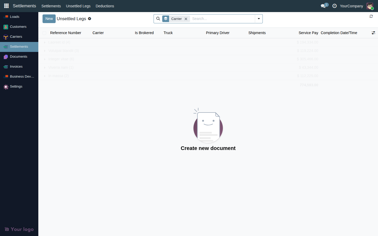 Unsettled Legs list view grouped by carrier, showing checkboxes, PRO #, Carrier, Truck, Driver, Shipments, Service Pay