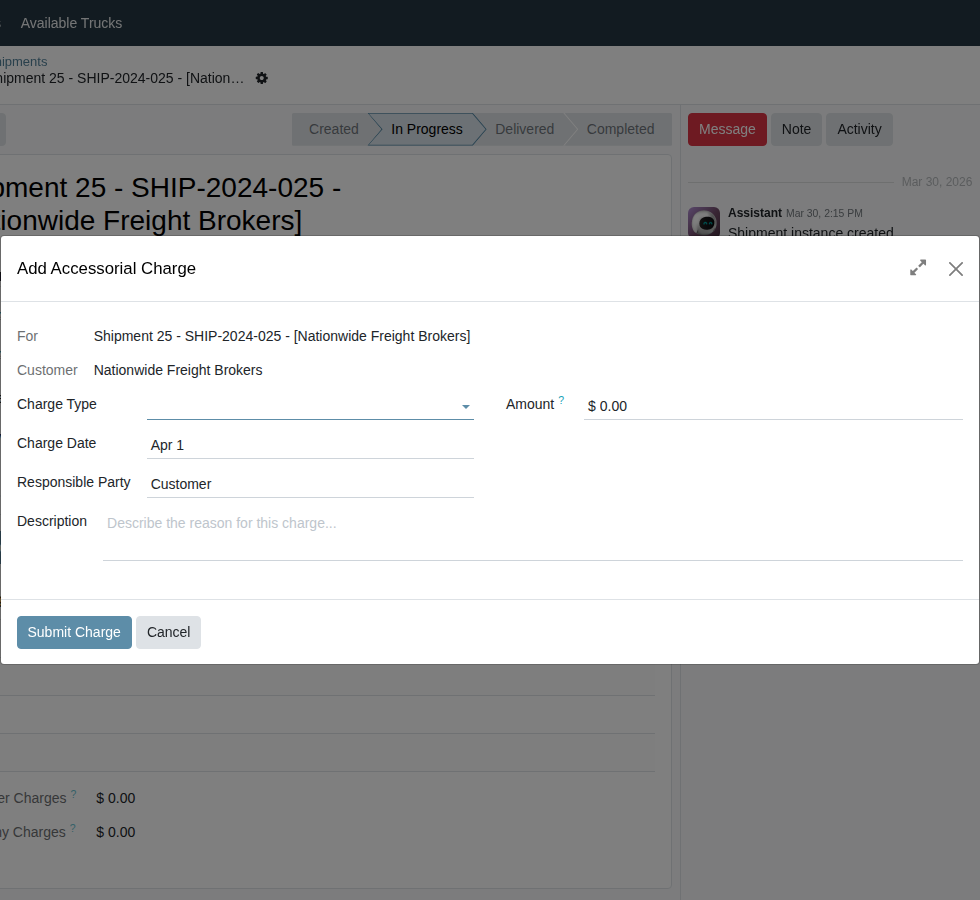 Add Accessorial Charge pop-up window with fields filled in