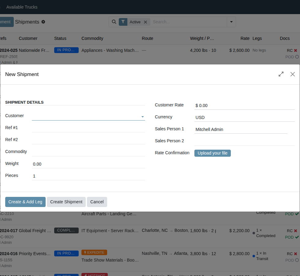 New Shipment wizard showing customer, reference numbers, rate, and rate confirmation upload fields