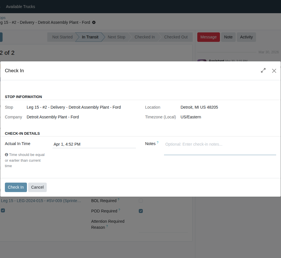 Check-in wizard showing Actual In Time field and Notes field