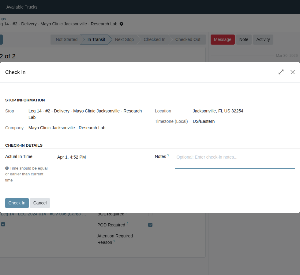 Check-out wizard for a delivery stop showing POD upload, signed by, actual pieces, and actual weight fields