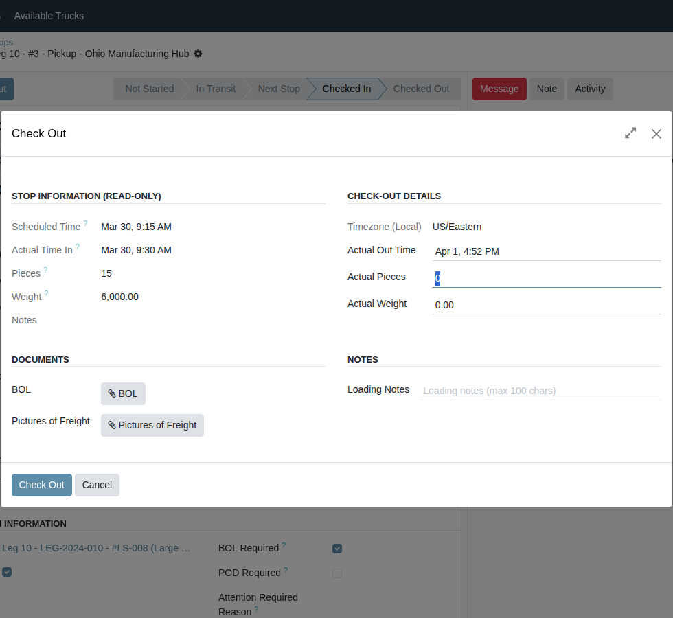 Check-out wizard for a pickup stop showing BOL upload, actual pieces, actual weight, and loading notes fields