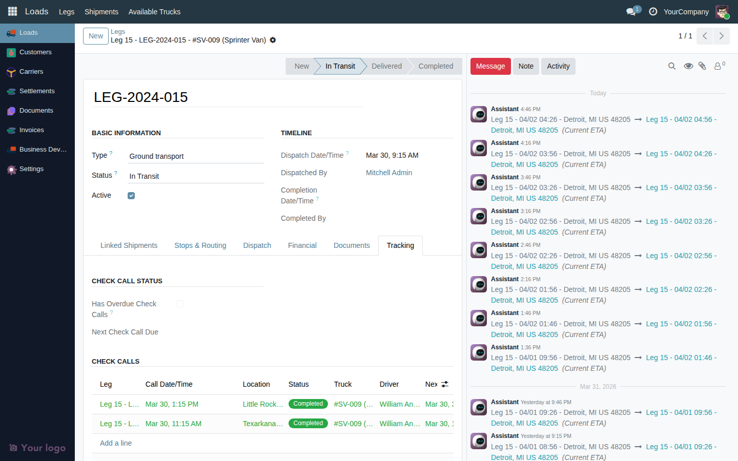 Add Check Call wizard showing location search, time updated, note, and next update fields