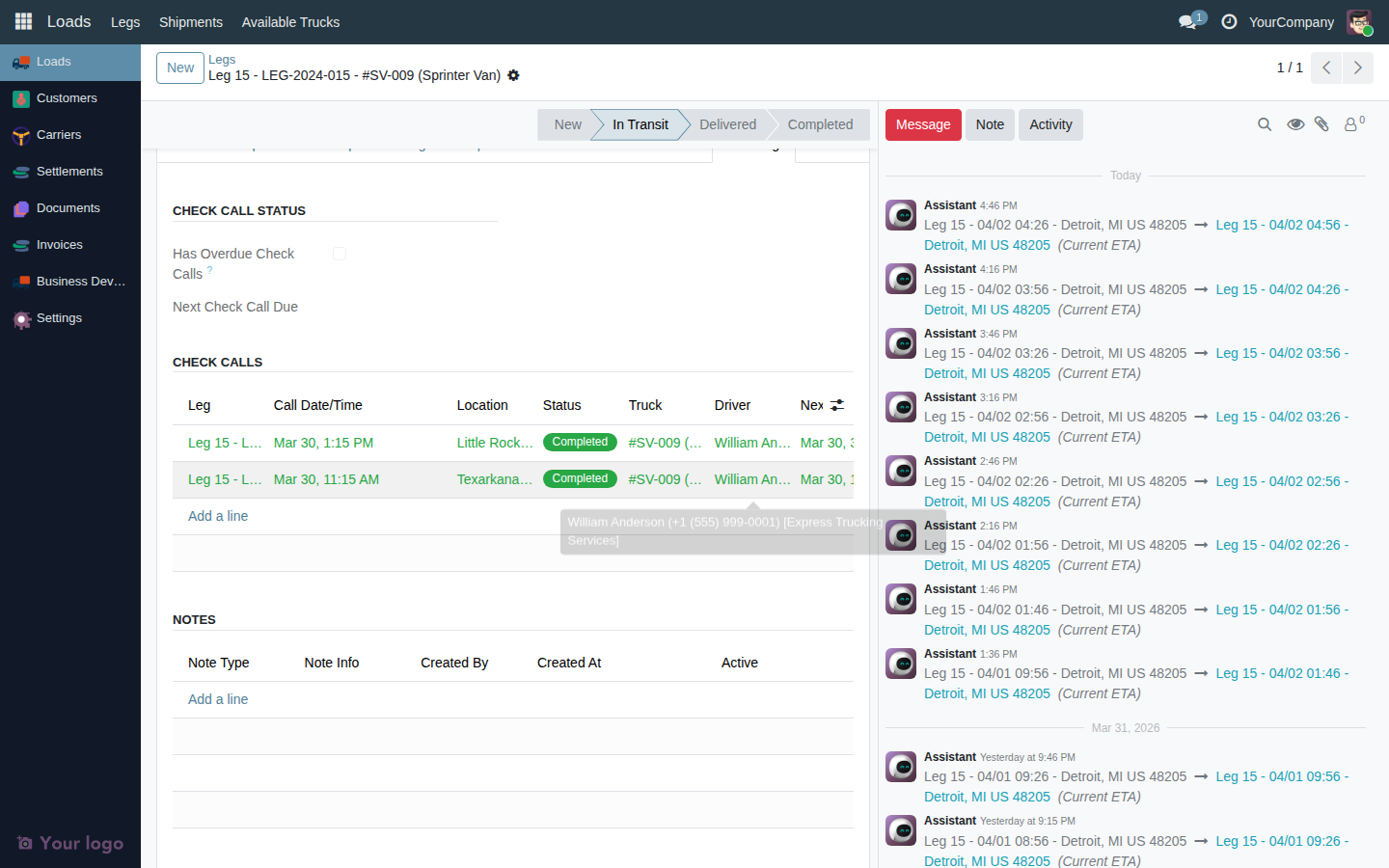 Check Call History wizard showing a table with time, type, location, notes, and user columns
