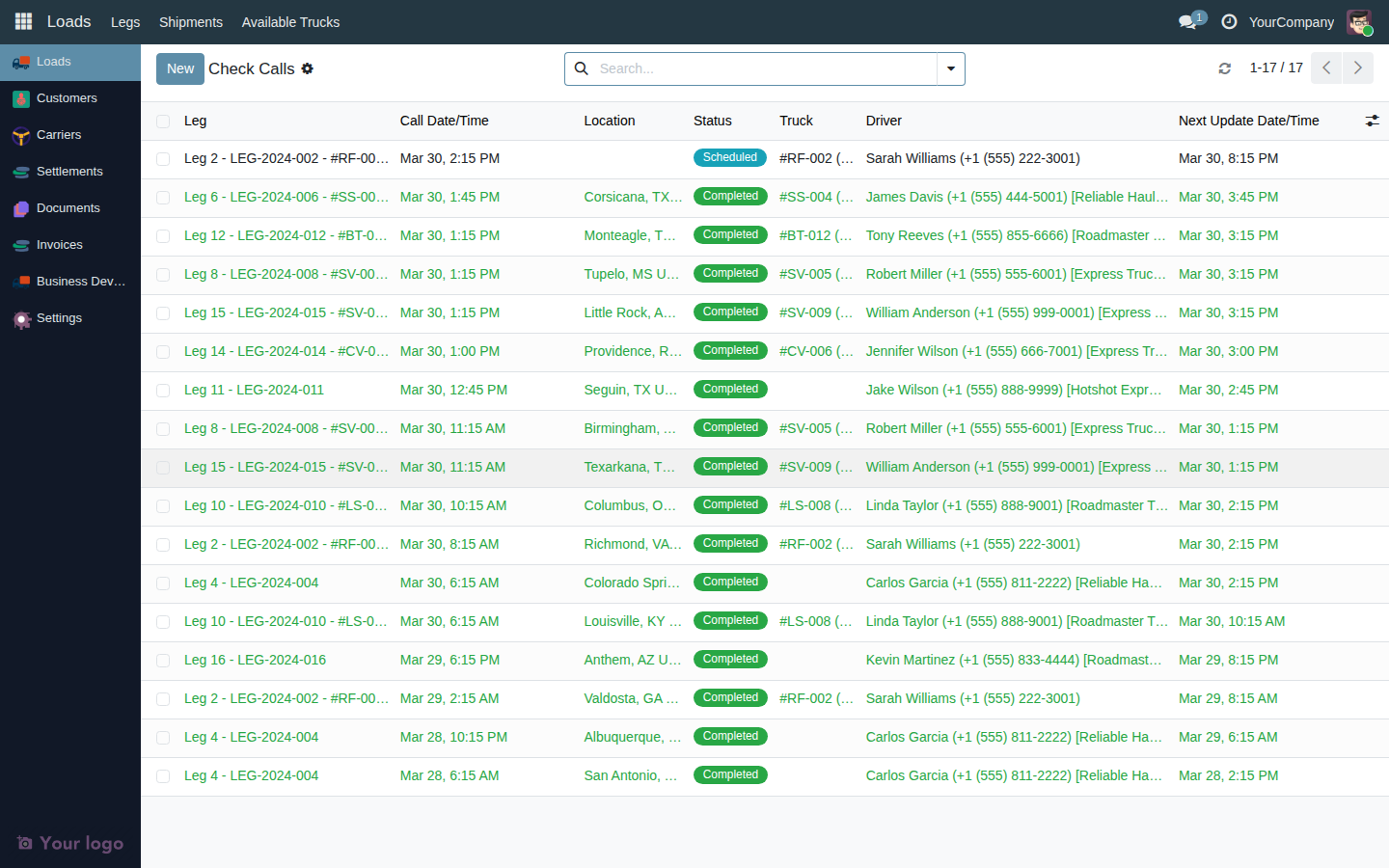 Check Calls list view with status filters and group-by options
