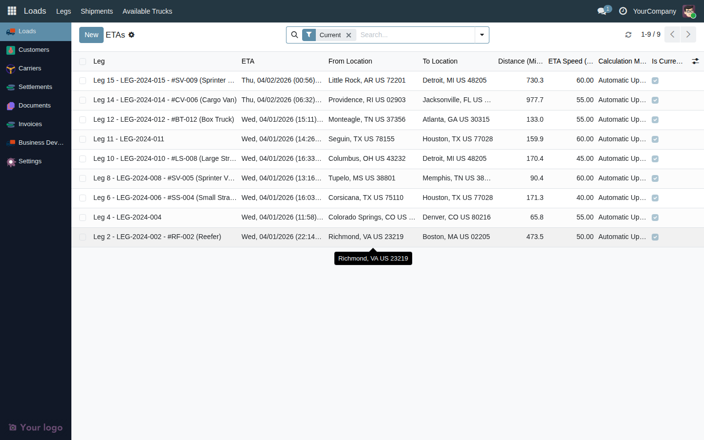 ETAs list view showing current ETAs for in-transit legs