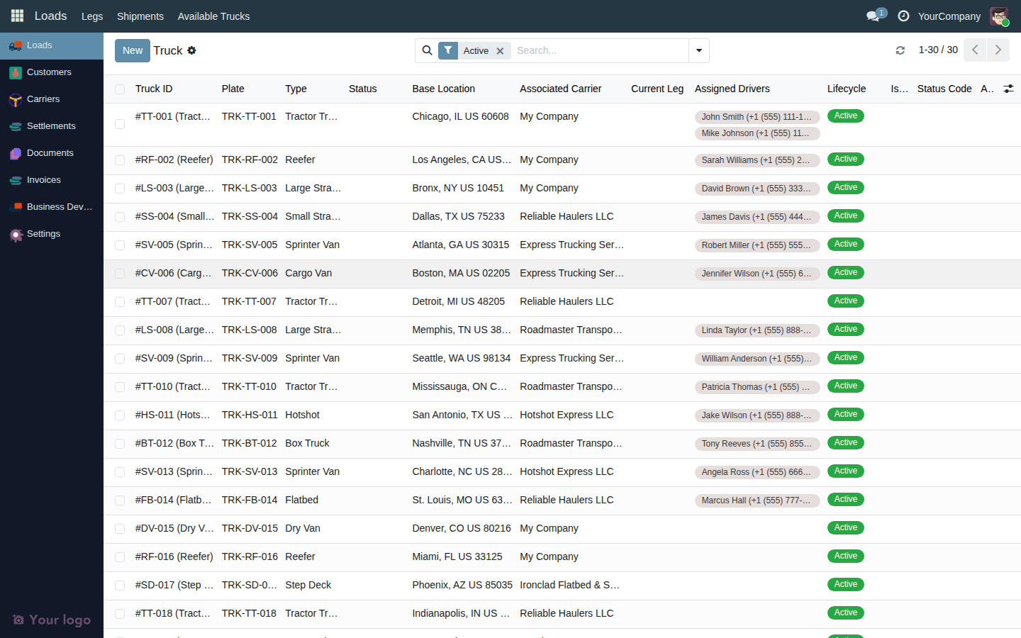 Equipment list view showing Truck ID, Plate, Type, Status, Base Location, Carrier, Current Leg, Drivers