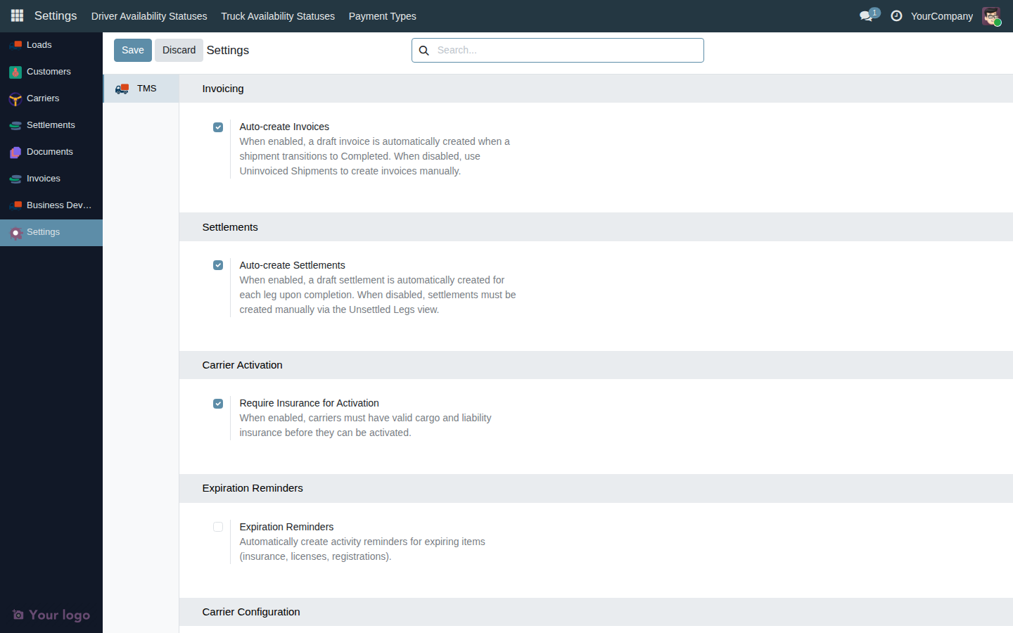 TMS Settings page showing configuration blocks